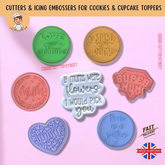 Phrase Plaques Mothers Day / Mum’s Birthday Set of Cutters & Icing Embossers For Cookies & Cupcake Toppers