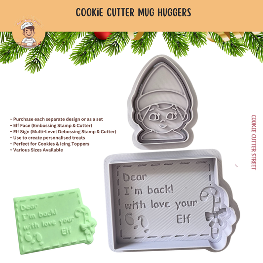 Cookie cutter with embossing stamp and text 'Dear I'm back! with love your Elf' on a white background with Christmas decorations.