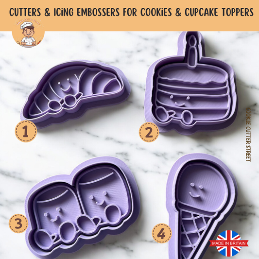 Jellycat-themed cookie cutters and embossers featuring food-inspired characters including cake, ice cream, marshmallows, and croissants—perfect for decorating cookies and fondant.