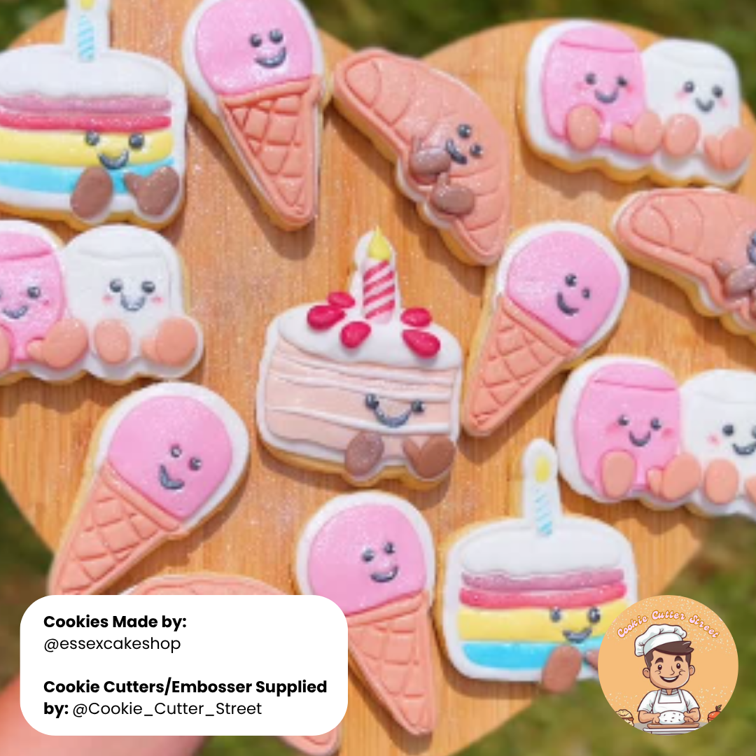 Jellycat-themed cookie cutters and embossers featuring food-inspired characters including cake, ice cream, marshmallows, and croissants—perfect for decorating cookies and fondant.