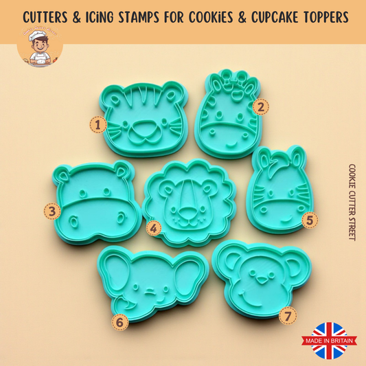 Safari Jungle Animal Faces Cutters & Icing Embossers For Cookies & Cupcake Toppers