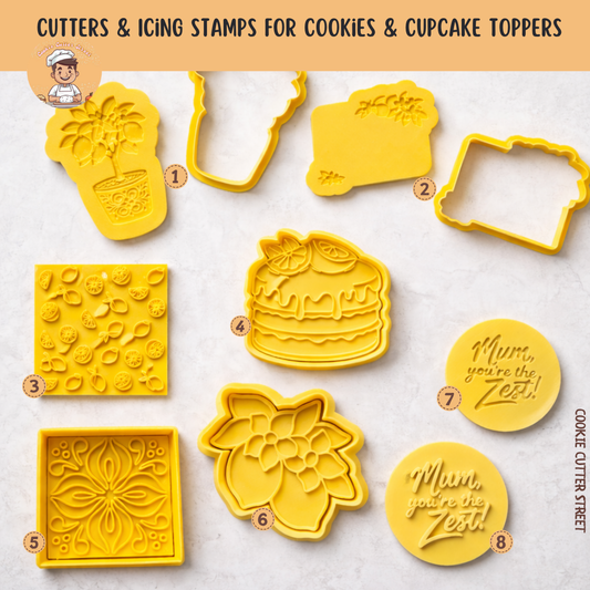 Set of yellow Amalfi coast lemons cookie cutters and icing stamps with various designs on a white background