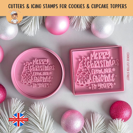 Merry Christmas From Our Gnome To Yours Cutter & Icing Embosser For Cookies & Cupcake Toppers