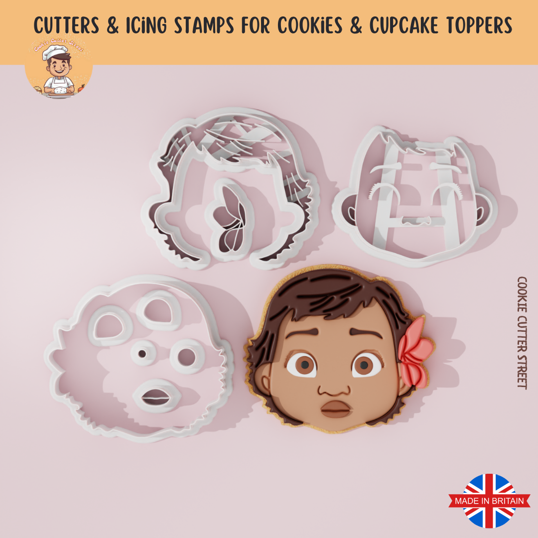 Baby Moana cookie cutters and icing stamps for cookies and cupcake toppers on a pink background with 'Cookie Cutter Street' branding.