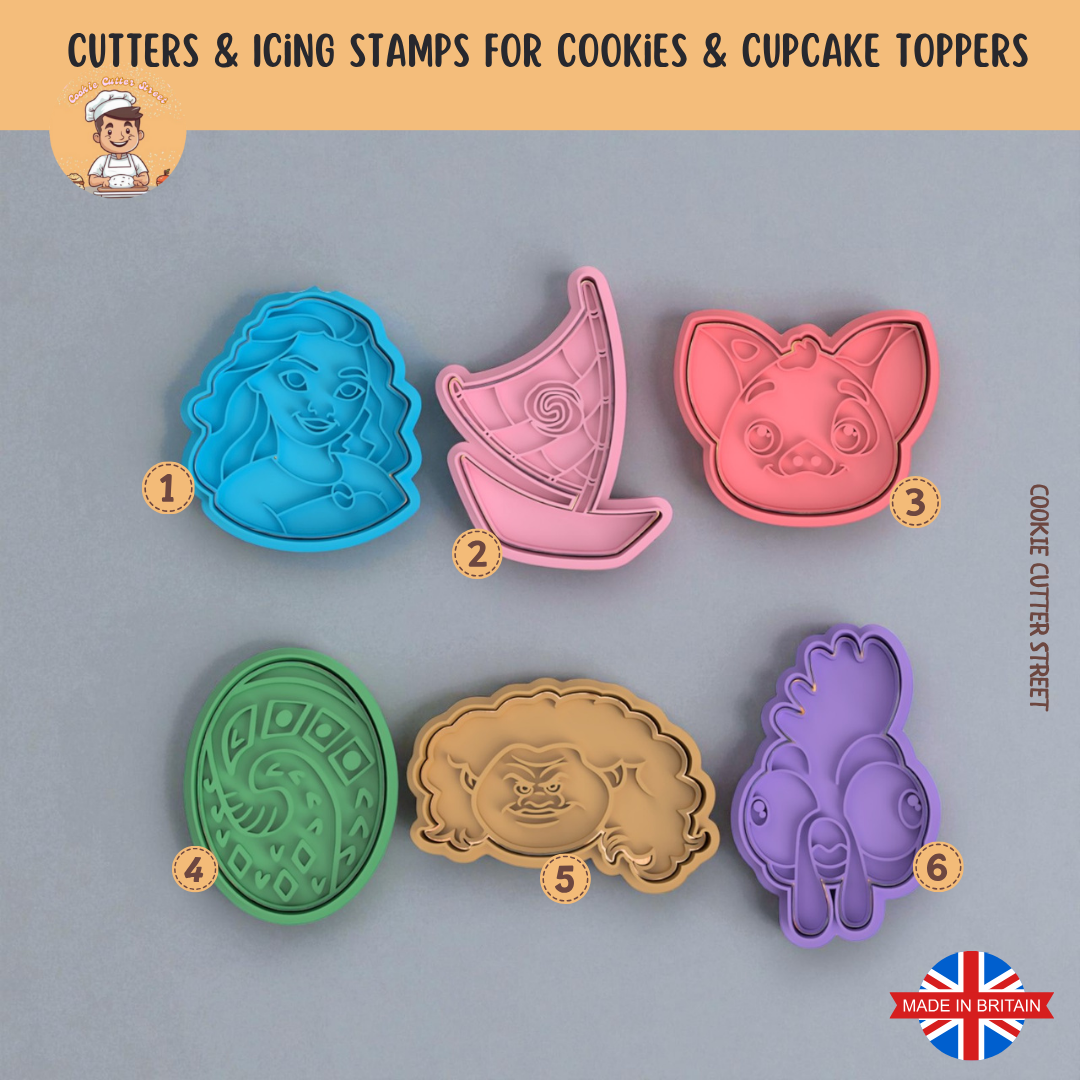 Moana inspired cookie cutter and icing stamp set featuring six detailed tropical designs for cookies, fondant, and royal icing decorating.