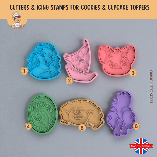 Moana inspired cookie cutter and icing stamp set featuring six detailed tropical designs for cookies, fondant, and royal icing decorating.