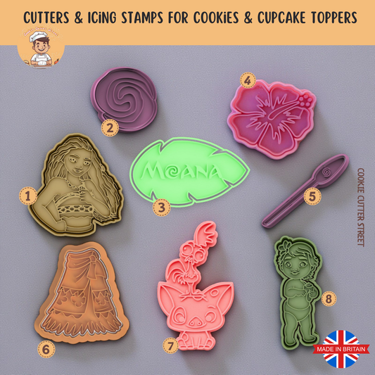 Set of Moana cookie cutters and icing stamps with various designs on a gray background, featuring the brand 'Cookie Cutter Street'.