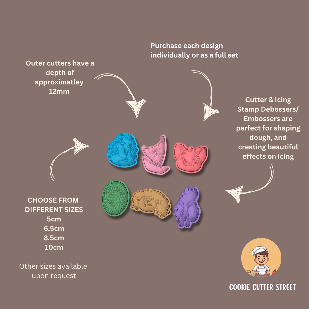 Moana inspired cookie cutter and icing stamp set featuring six detailed tropical designs for cookies, fondant, and royal icing decorating.