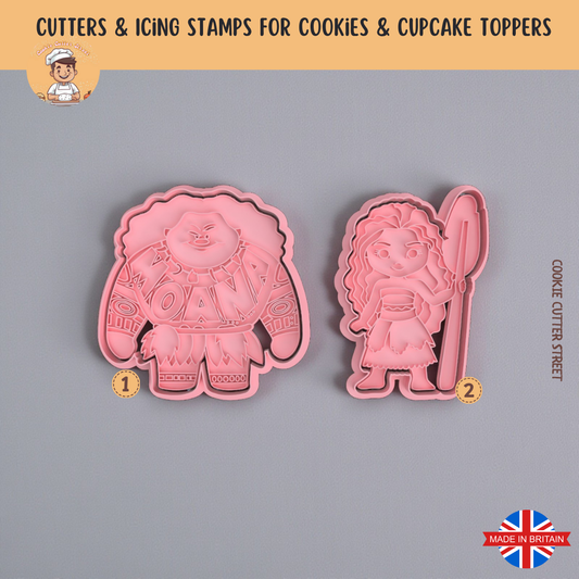 Two pink Moana and Maui cookie cutters with designs on a gray background, featuring 'Cookie Cutter Street' branding.
