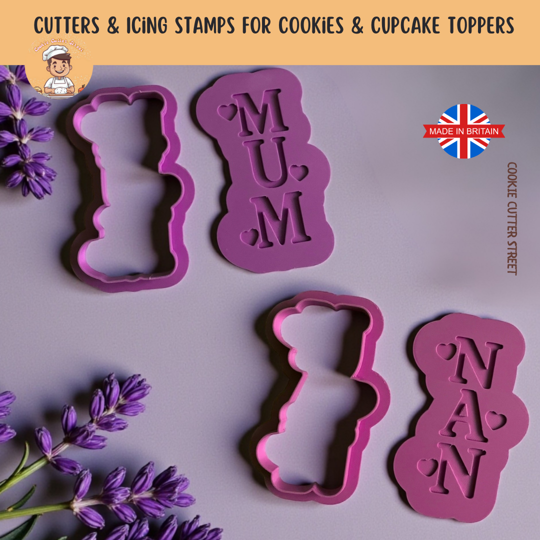 Purple cookie cutters with 'MUM' and 'NAN' designs on a grey background with lavender flowers.