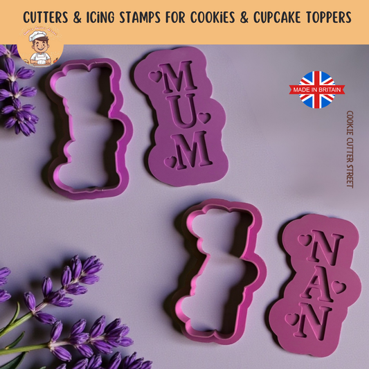 Purple cookie cutters with 'MUM' and 'NAN' designs on a grey background with lavender flowers.