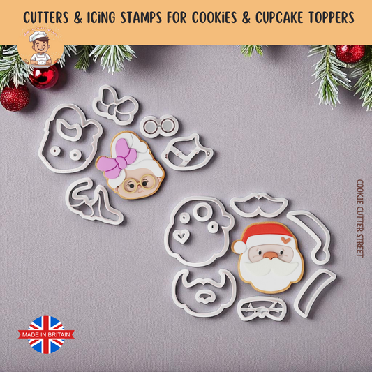 Mr & Mrs Clause Multi-Piece Icing Cutter For Cookies & Cupcake Toppers