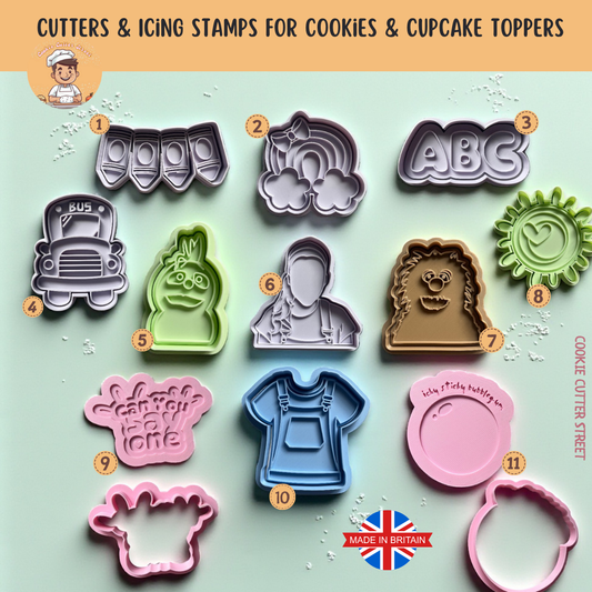 Ms. Rachel Cookie Cutter & Icing Stamp set featuring 11 designs including puppets, rainbows, bus, ABCs, bubblegum plaque and more. Perfect for kids’ parties and family baking.