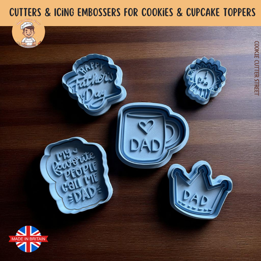 A set of Father’s Day themed cookie cutters and embossers including designs like “Happy Father’s Day,” “#1 Dad,” a crown, rosette, and heart mug – available in multiple sizes.