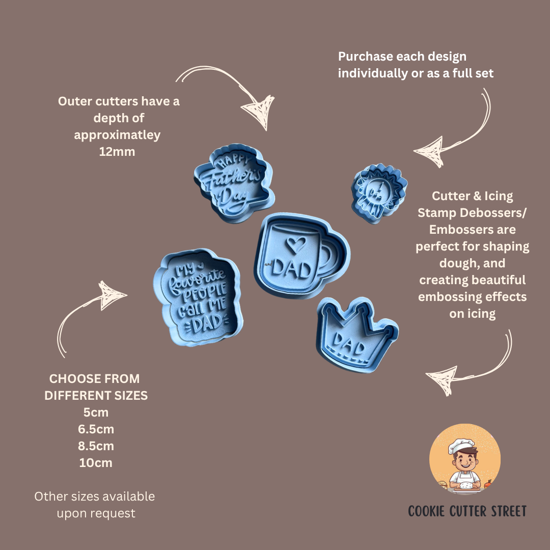 A set of Father’s Day themed cookie cutters and embossers including designs like “Happy Father’s Day,” “#1 Dad,” a crown, rosette, and heart mug – available in multiple sizes.