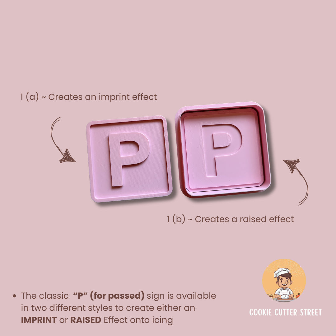 Two pink letter 'P' cookie cutters with text explaining imprint and raised effects on a pink background.