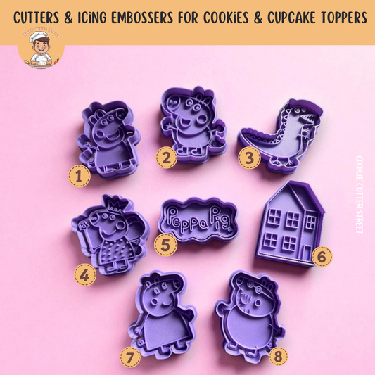 Peppa Pig-themed cookie cutter & icing embosser set with multiple characters and designs, available in various sizes.