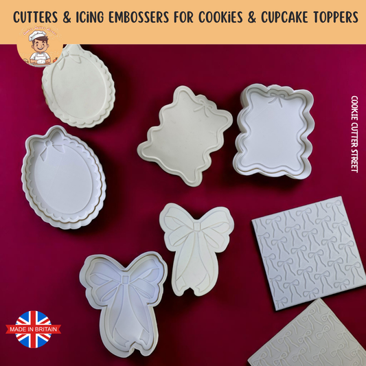 a set of bow themed cookie cutters and icing debossing frame plaques