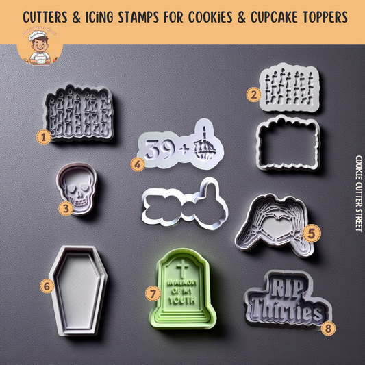 RIP 30's In Memory of My Youth Birthday Milestone Turning 40 Cutters & Icing Embossers For Cookies & Cupcake Toppers
