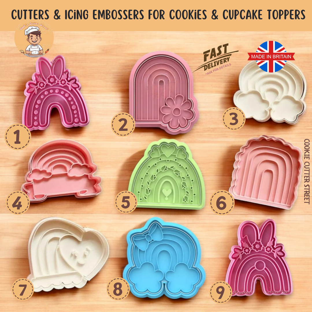 A selection of rainbow-themed cookie cutters and icing embossers in various whimsical styles, perfect for decorating cookies, cupcakes, and fondant creations.