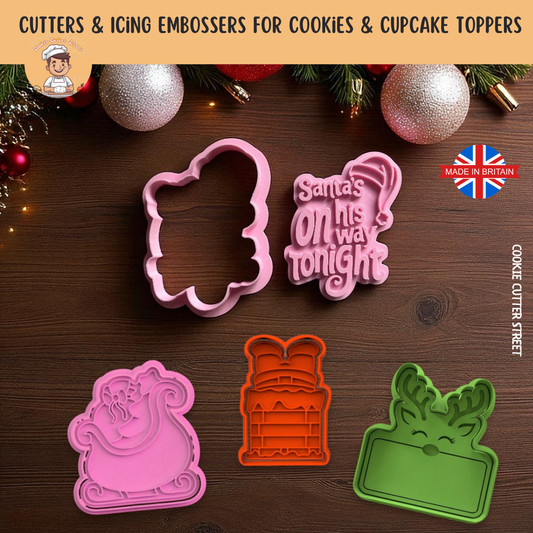 Christmas Eve "Santa's on His way Tonight" Cookie Cutters & Icing Embosser For Cookies & Cupcake Toppers