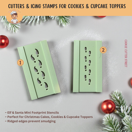 Two green cookie cutters with Christmas-themed designs on a festive. Elf and Santa Mini Footprint Stencils for festive cake and cookie decorating, featuring small, detailed footprints ideal for Christmas baking fun.background.