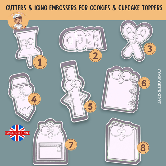 School Essentials Cutters & Icing Stamps For Cookies & Cupcake Toppers