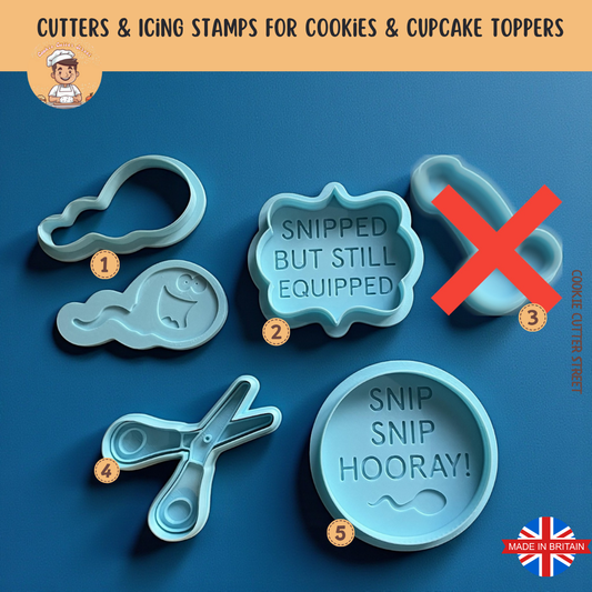 A funny cookie cutter and icing stamp set themed around vasectomy recovery, featuring “Snip Snip Hooray” and “Snipped But Still Equipped” designs, scissors, and playful shapes.