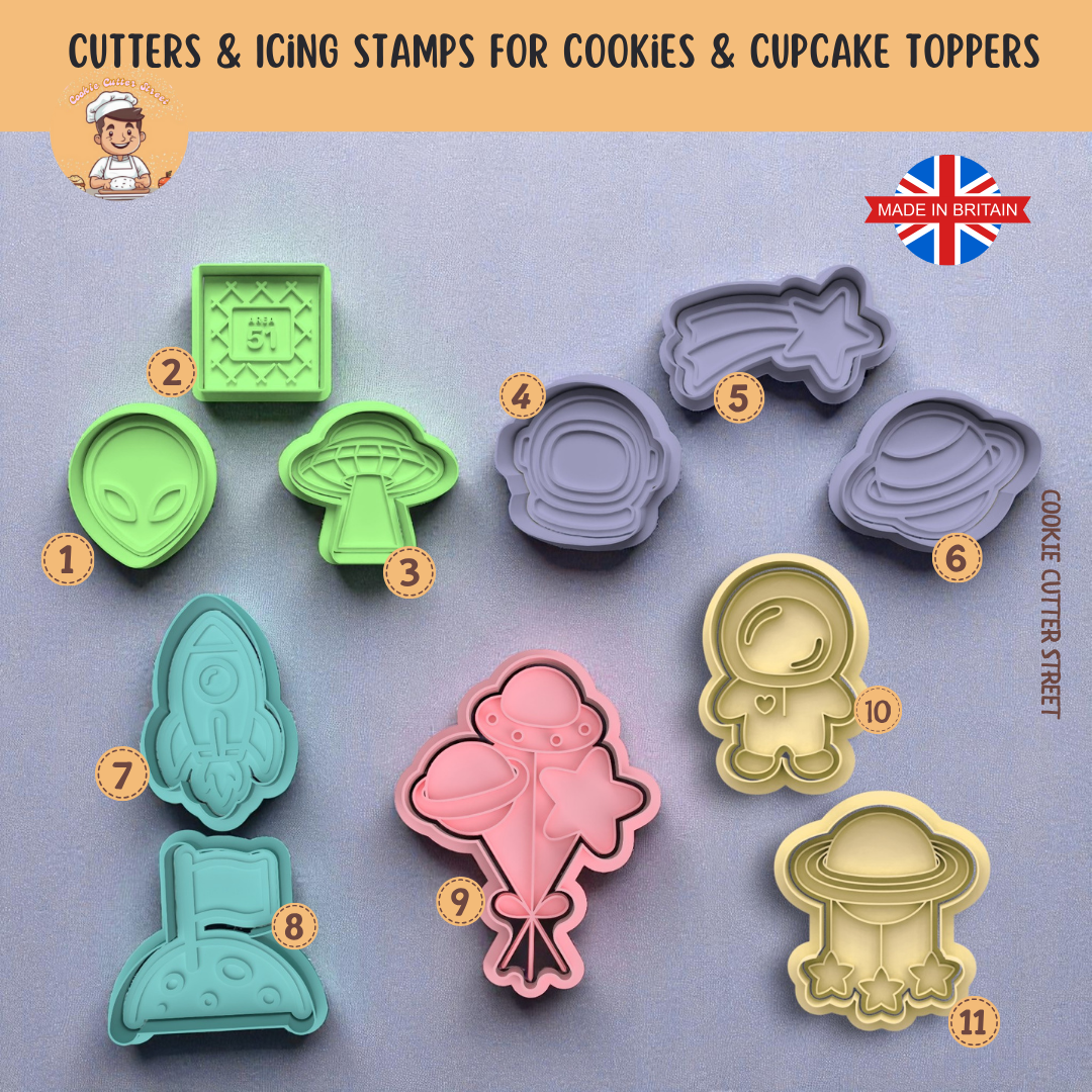 Set of Space themed cookie cutters and icing stamps with various shapes on a grey background, featuring the brand 'Cookie Cutter Street'.