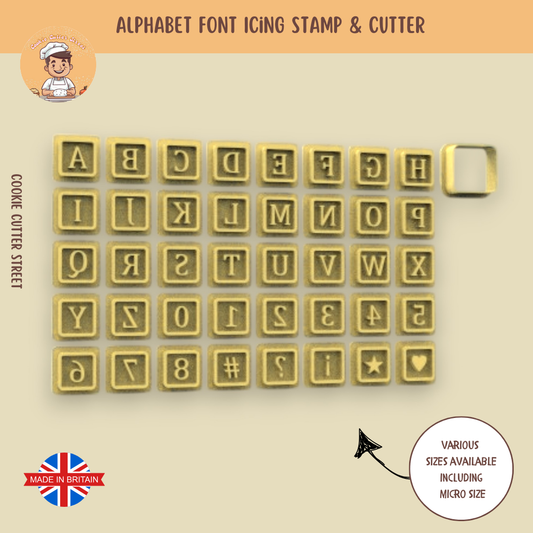 Bordered alphabet letter icing stamp set with matching square cutter, includes A–Z, numbers, and symbols. Available in sizes from 2cm to 10cm.