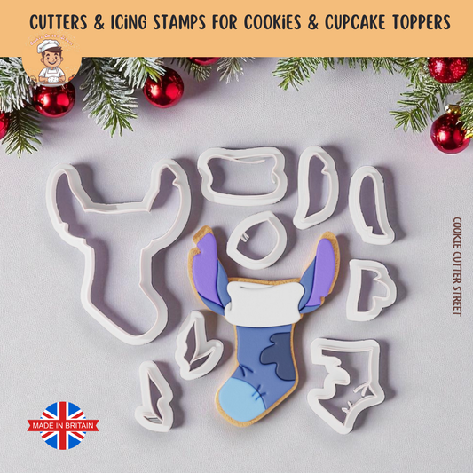 Stitch Christmas Stocking Multiple piece cookie cutters on grey background with christmas decorations