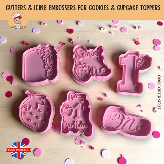 Strawberry-themed 1st birthday cookie cutters and icing embossers featuring six cute designs including “Sweet One,” strawberries, and number 1 shapes.