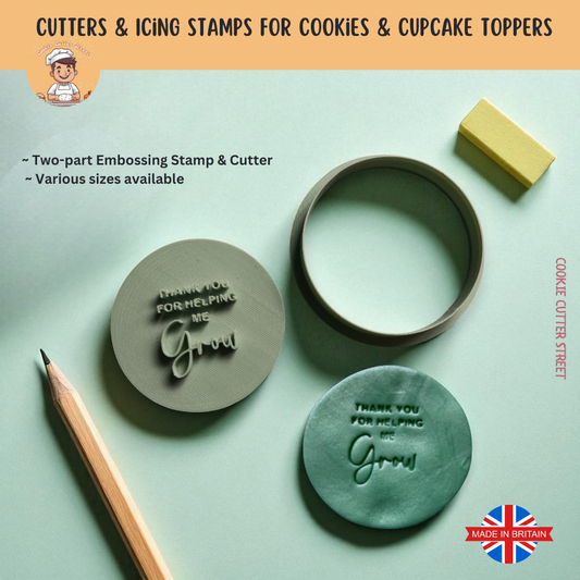 Two-part embossing stamp and cutter with 'Thank you for helping me grow' text on a light green background.