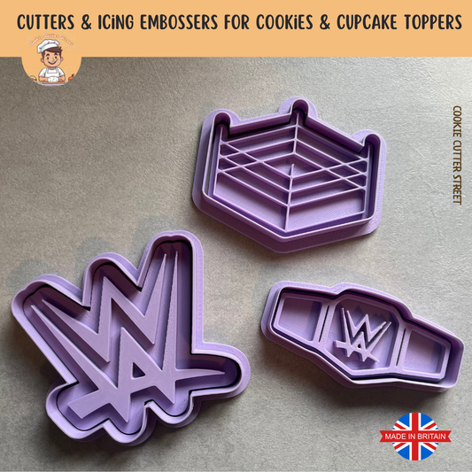 A set of 3 WWE-themed cookie cutters and icing embossers including a wrestling ring, WWE logo, and champion belt in a bold purple colour, made from food-safe PLA.