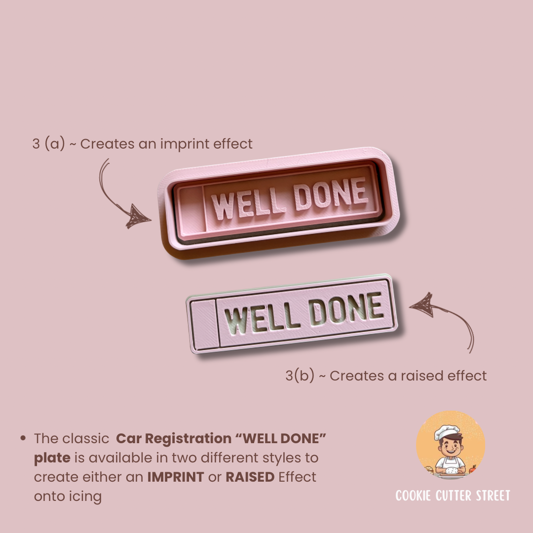 Icing stamp  'WELL DONE' text on a pink background, featuring branding of Cookie Cutter Street.