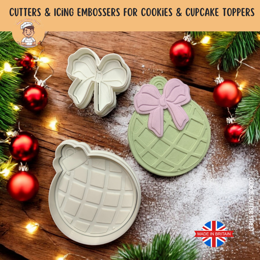 Whimsical Christmas Patterned Bauble & Bow Cutter & Icing Embosser For Cookies & Cupcake Toppers