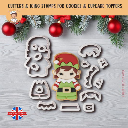 Whimsical Christmas Elf (Girl) Multi-Piece Icing Cutter For Cookies & Cupcake Toppers