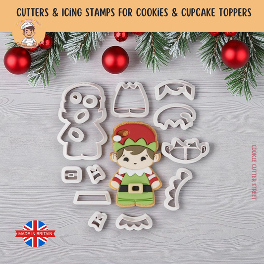 Whimsical Christmas Elf (Boy) Multi-Piece Icing Cutter For Cookies & Cupcake Toppers