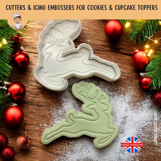 Whimsical Christmas Reindeer Cutter & Icing Embosser For Cookies & Cupcake Toppers