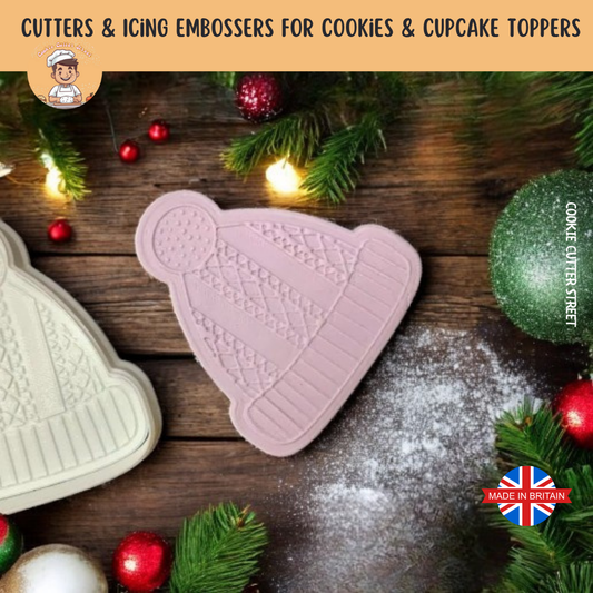 Whimsical Christmas Winter Knitted Hat Cutter & Icing Embosser For Cookies & Cupcake Toppers