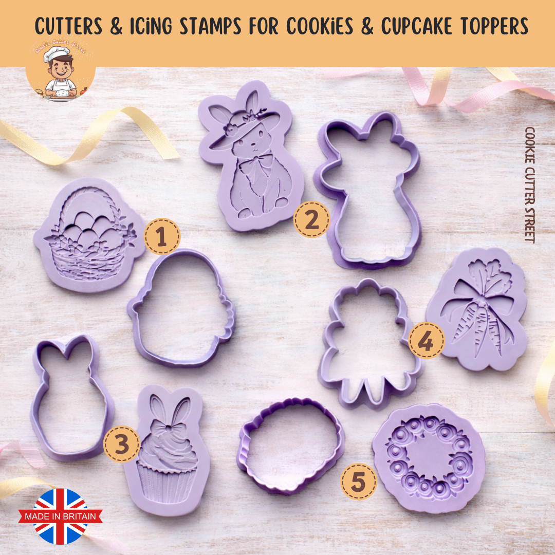 Purple Easter multi-level cookie cutter and icing stamp collection featuring bunny, basket, carrot and plaque designs on wooden background with pastel ribbons.