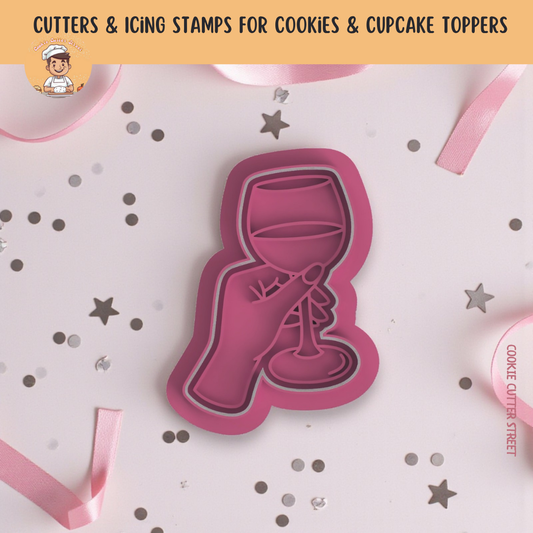 Elegant Hand & Glass Design Cutter & Icing Embosser For Cookies & Cupcake Topper