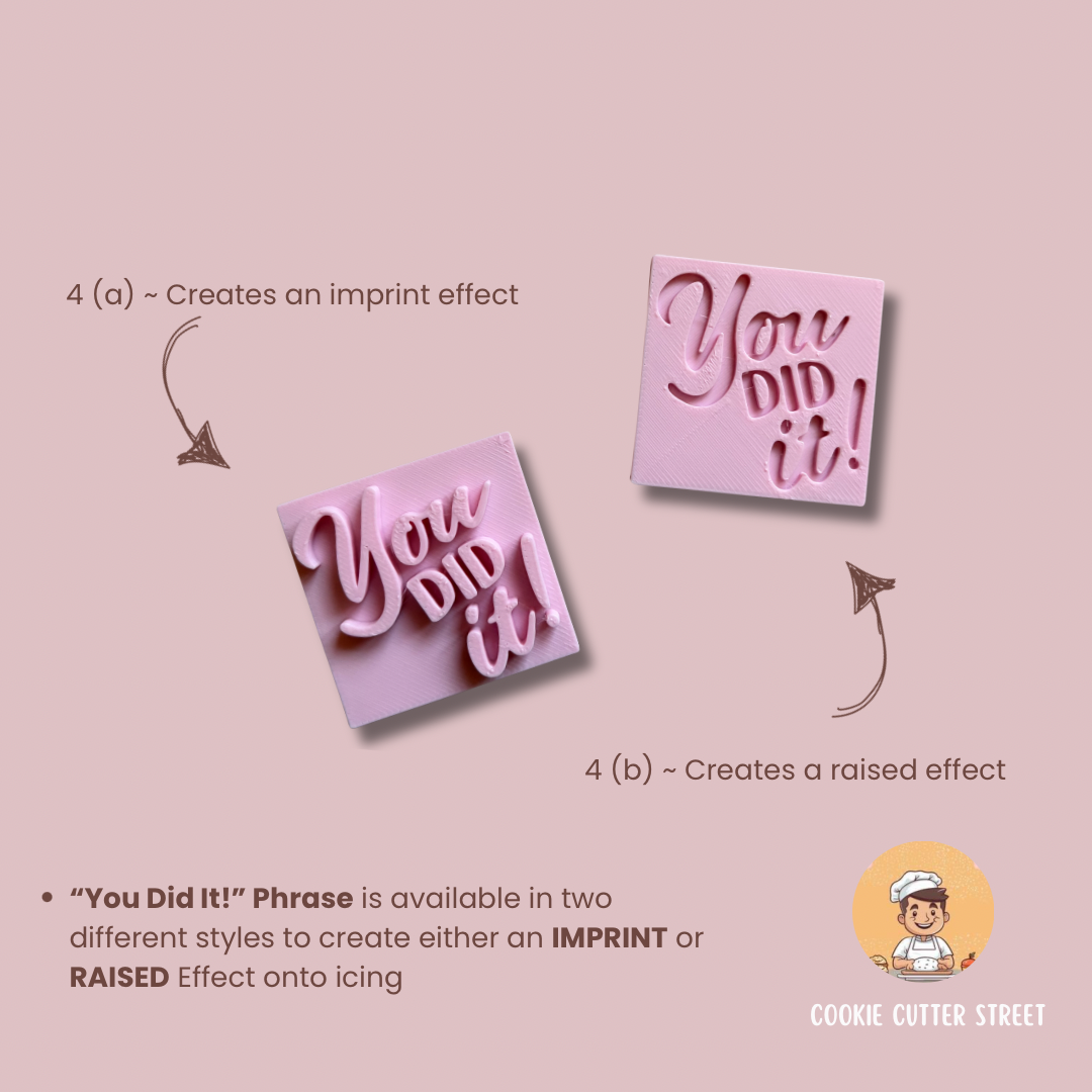 Driving test celebration cookie cutters and icing stamps including P plate, give way sign, car key and congratulation phrases on pastel background.