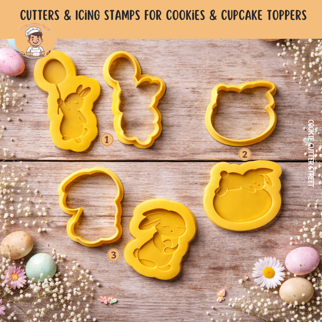 Yellow Easter bunny cookie cutters and matching multi-level icing stamps featuring three designs: bunny holding balloon, bunny in egg, and bunny holding an Easter egg.