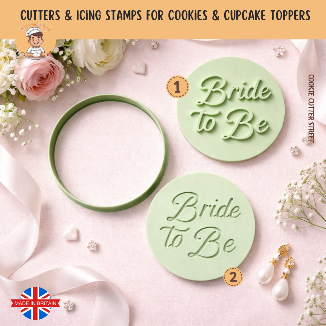 Round Bride To Be cookie cutter and icing stamp shown in imprint and raised effect styles on soft pink wedding themed background.