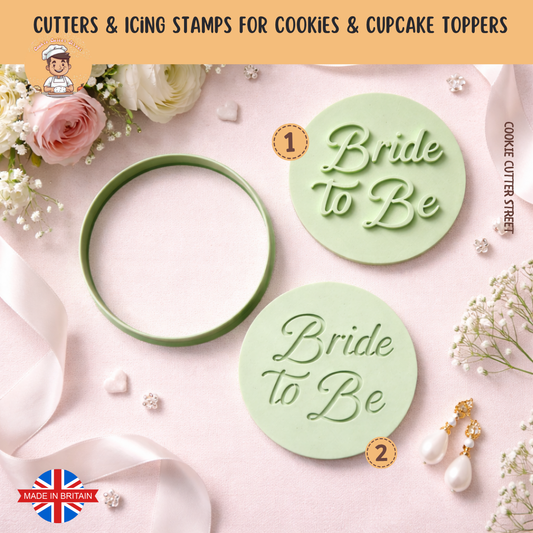 Round Bride To Be cookie cutter and icing stamp shown in imprint and raised effect styles on soft pink wedding themed background.