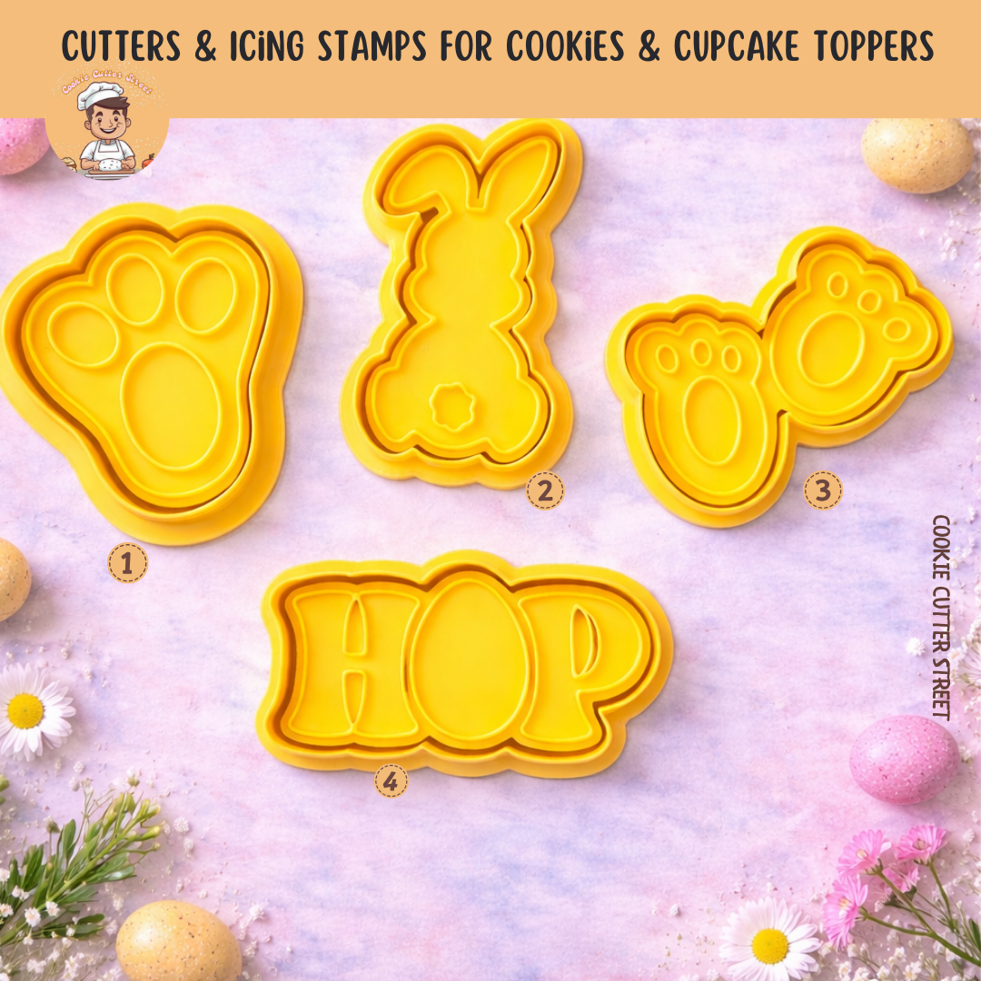 Set of yellow cookie cutters and icing stamps with Easter designs on a light background.