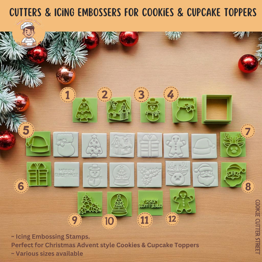 Christmas Advent embossing stamps for cookies and cupcake toppers, featuring 12 festive designs including tree, snowman, gingerbread man, stocking, and reindeer.