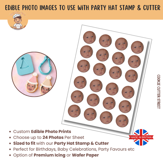 Custom Edible Photo Cookie Cupcake toppers. 24 Printed Images Per Sheet for Party Hat Icing Stamp Cookie Cutter
