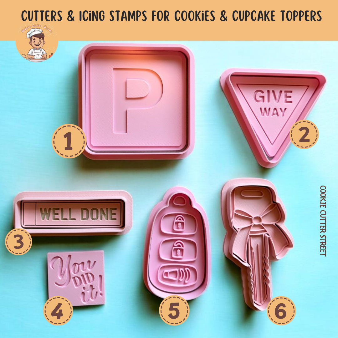 Set of driving test themed cookie cutters and icing stamps with various designs on a blue background.